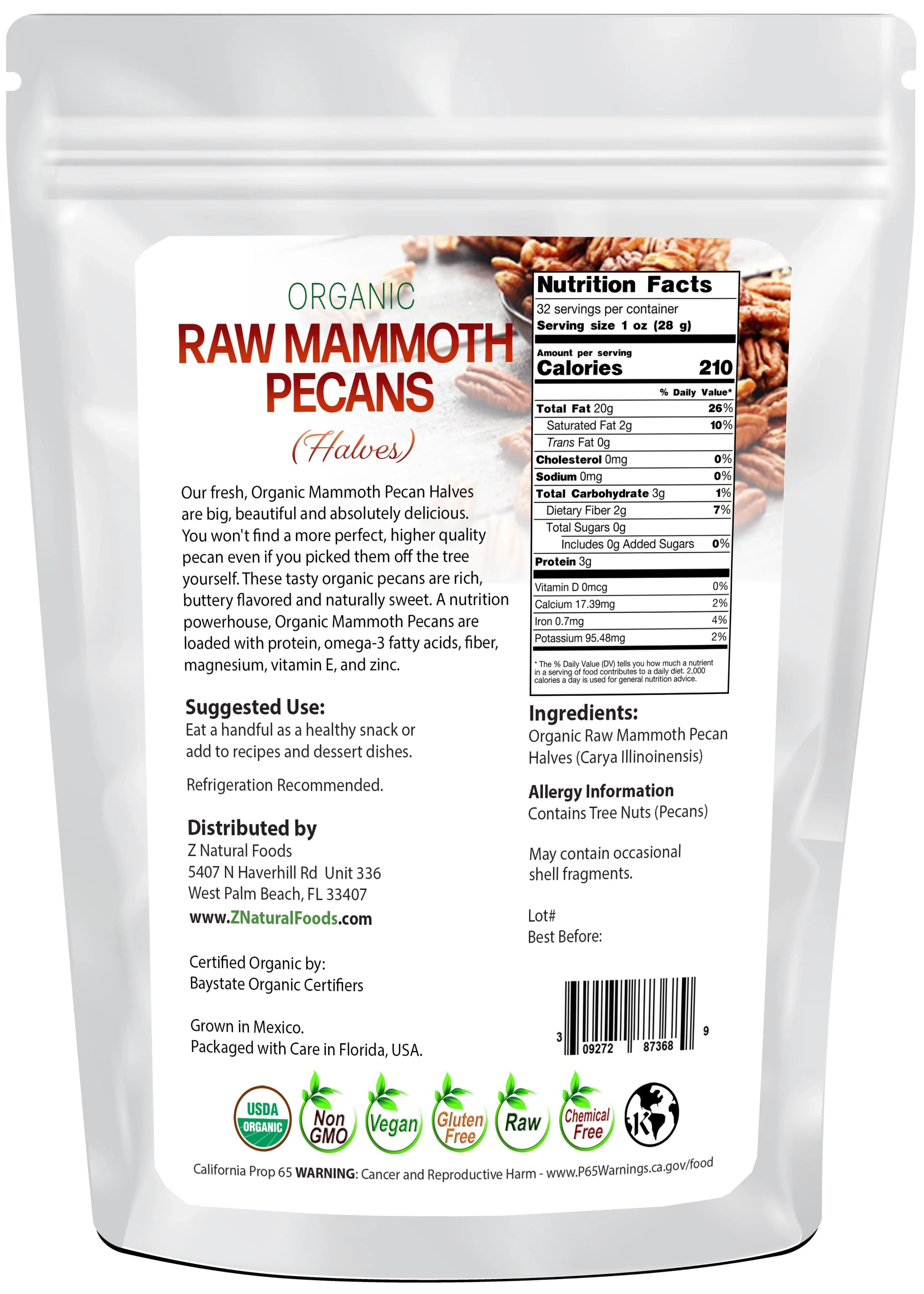 Photo of back of 2 lb bag of Mammoth Pecan Halves - Raw Organic