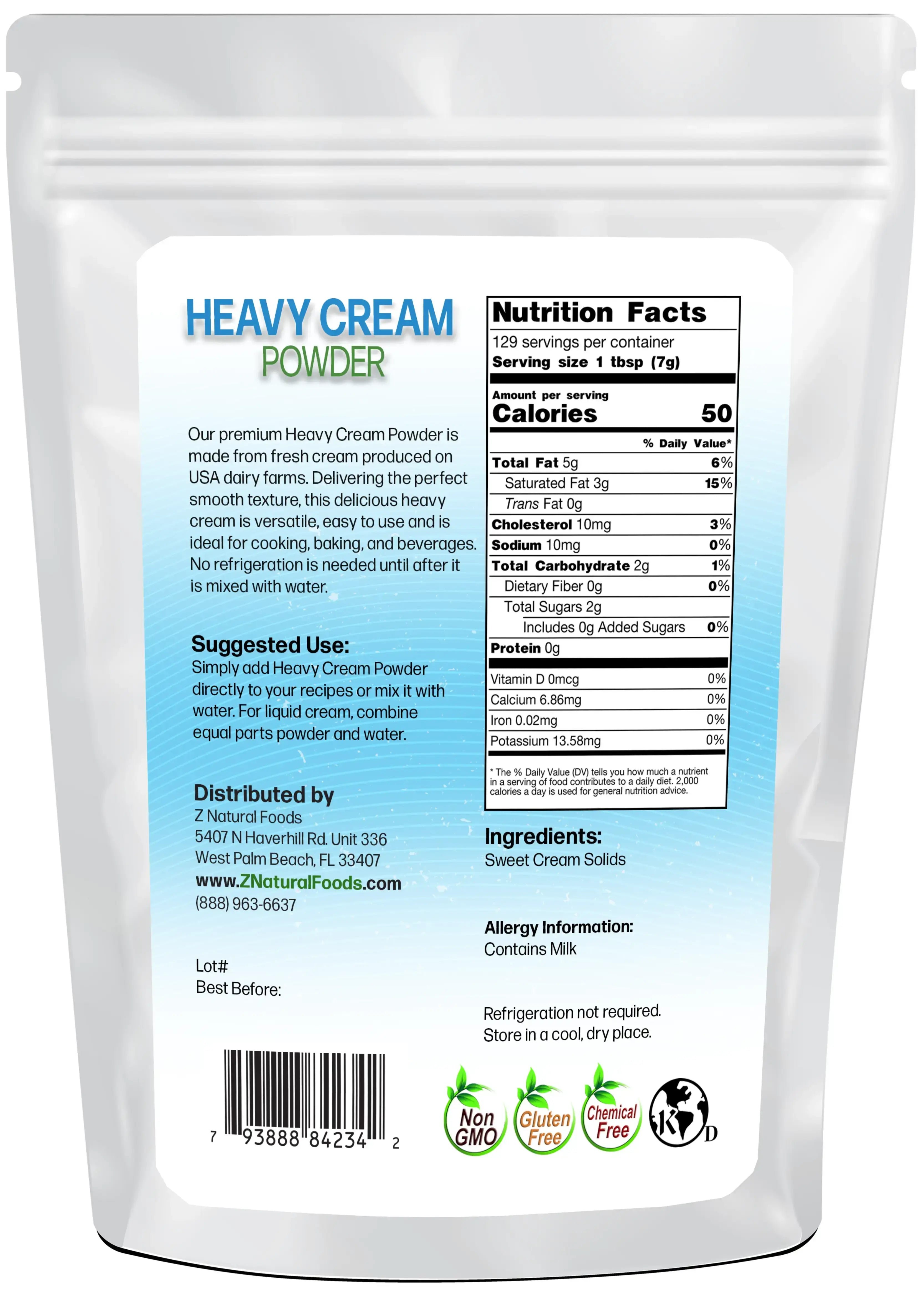 Image of back of 2 lb bag of Heavy Cream Powder