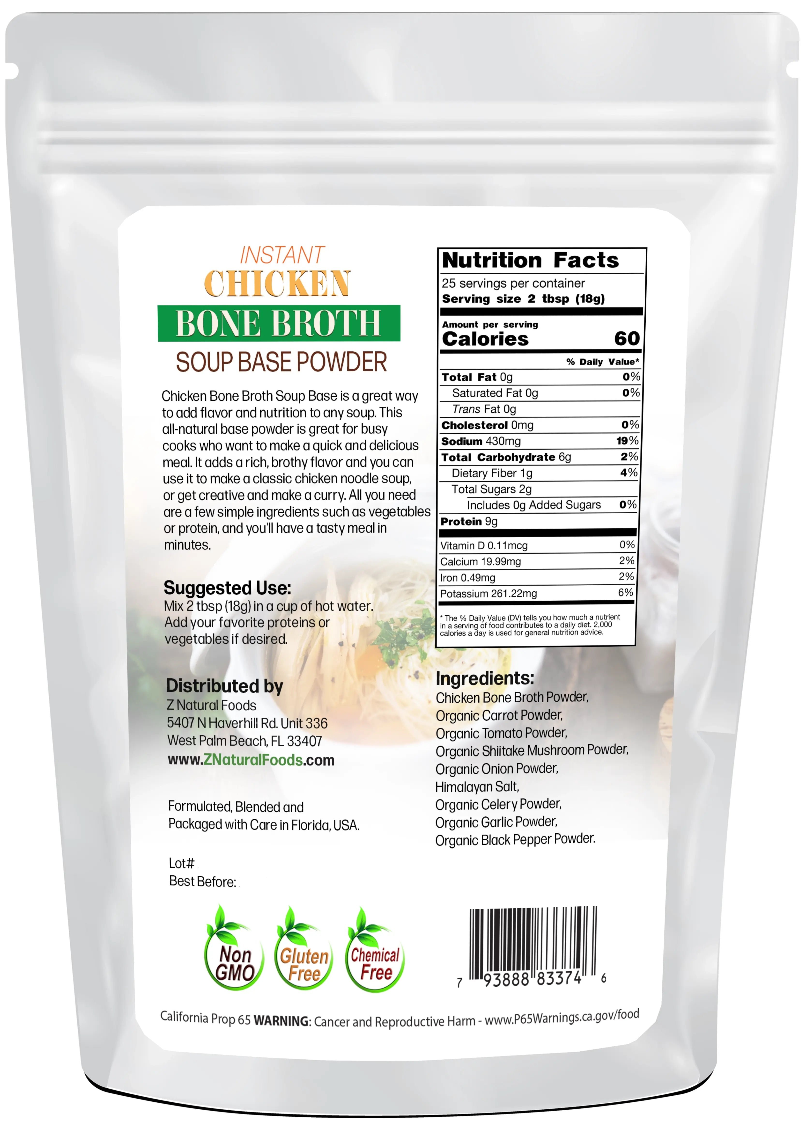 Instant Chicken Bone Broth Soup Base Powder back of the bag image 1 lb
