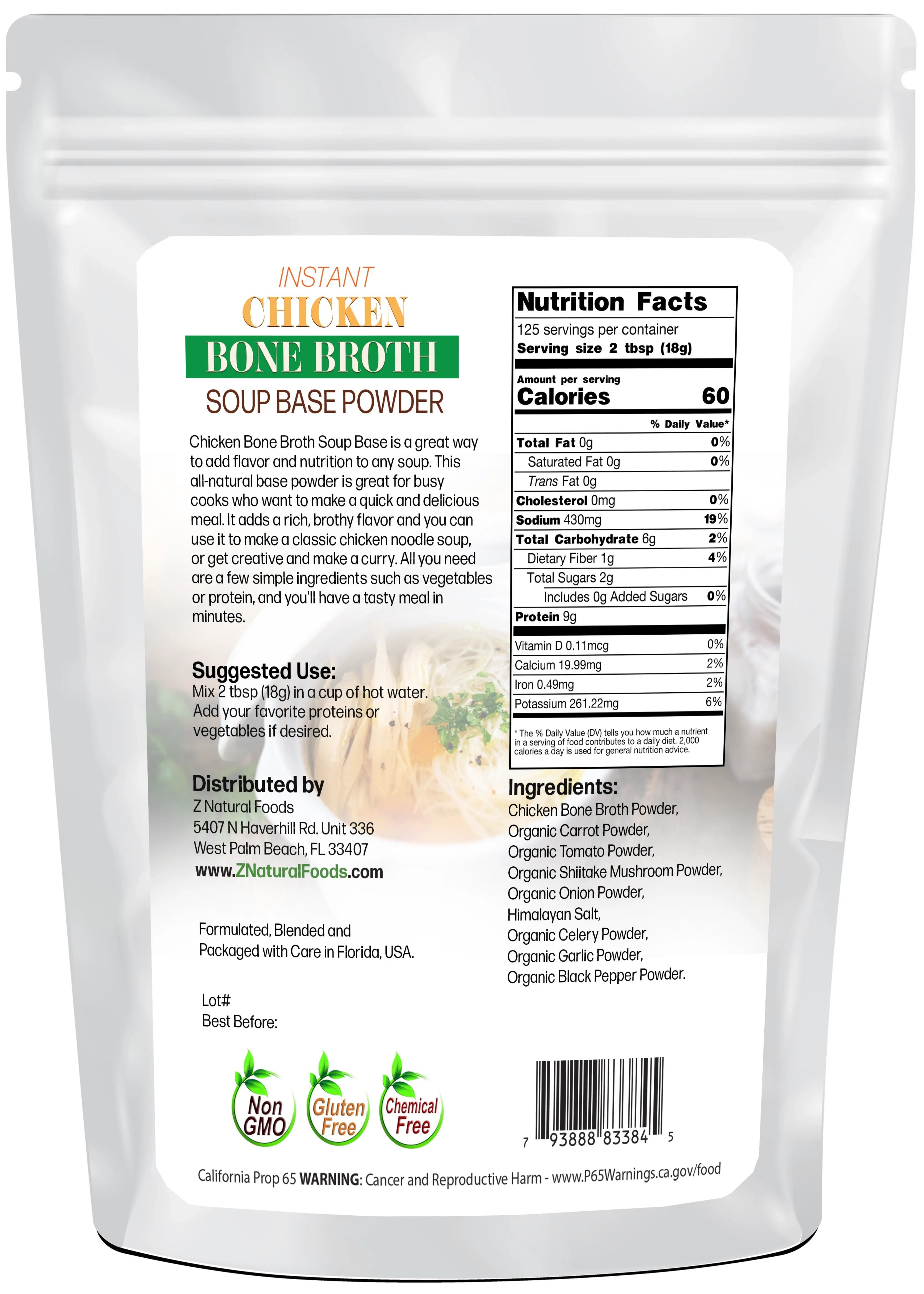 Instant Chicken Bone Broth Soup Base Powder back of the bag image 5 lb