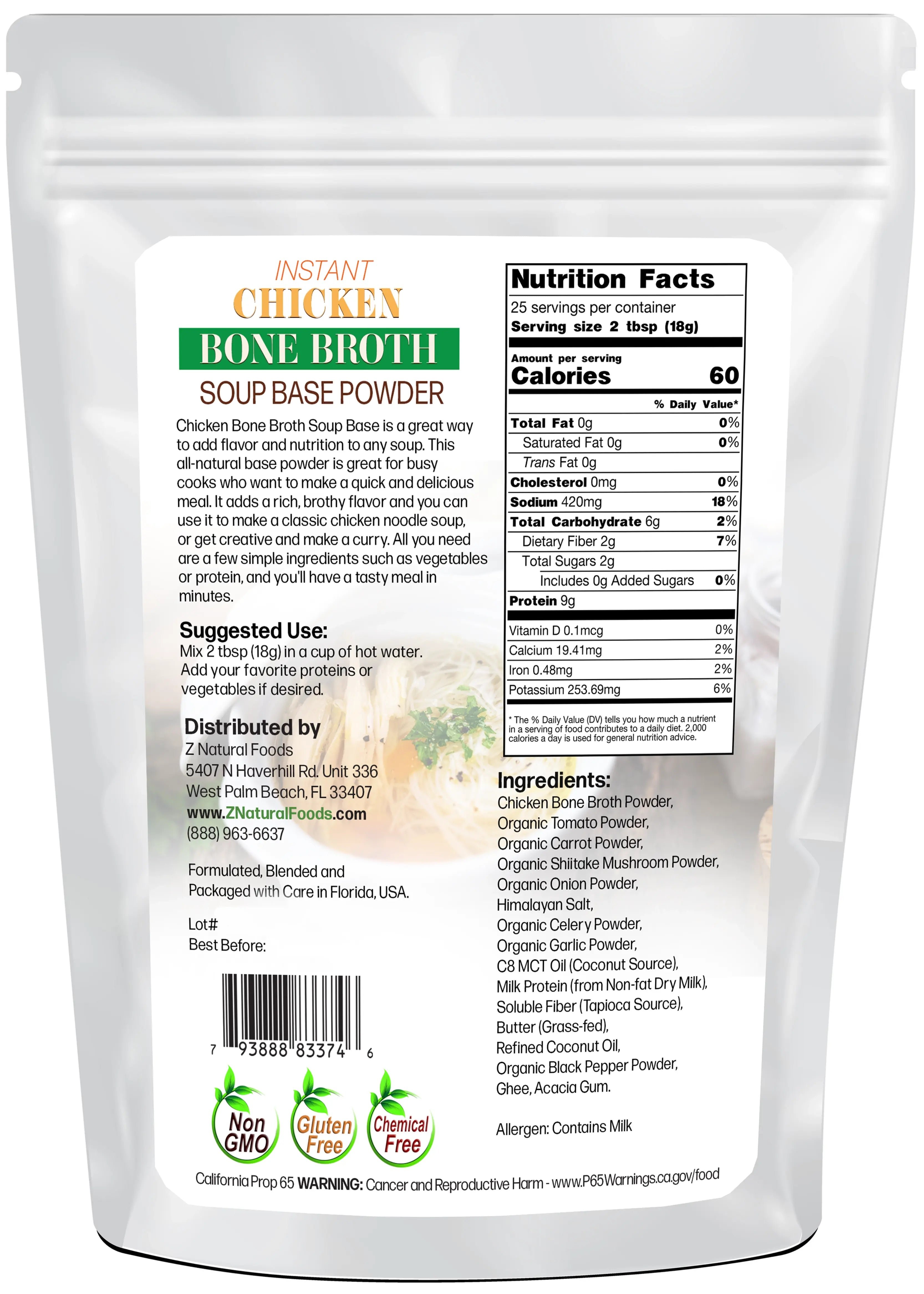Instant Chicken Bone Broth Soup Base Powder back of the bag image 1 lb