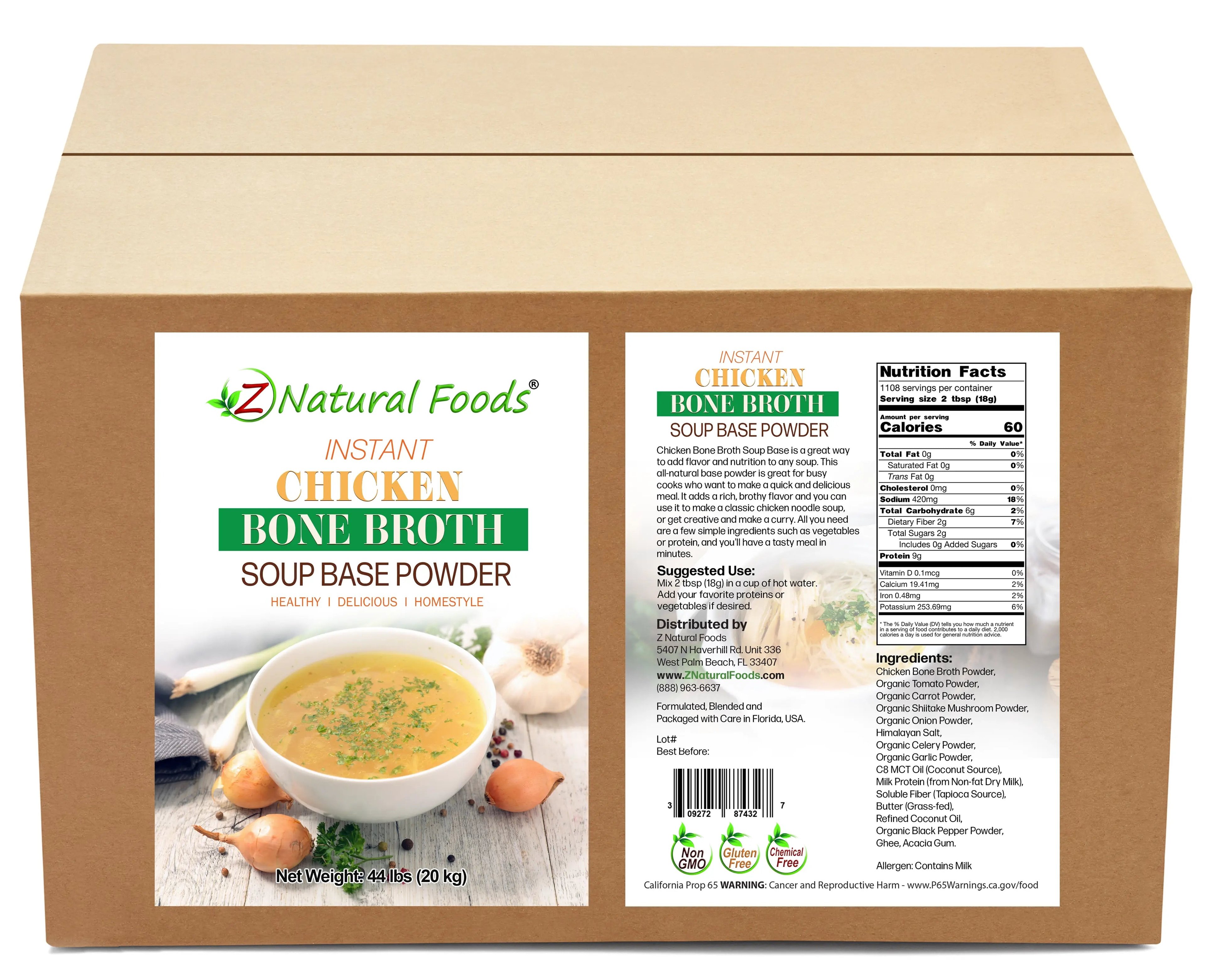 Instant Chicken Bone Broth Soup Base Powder front and back label image in bulk