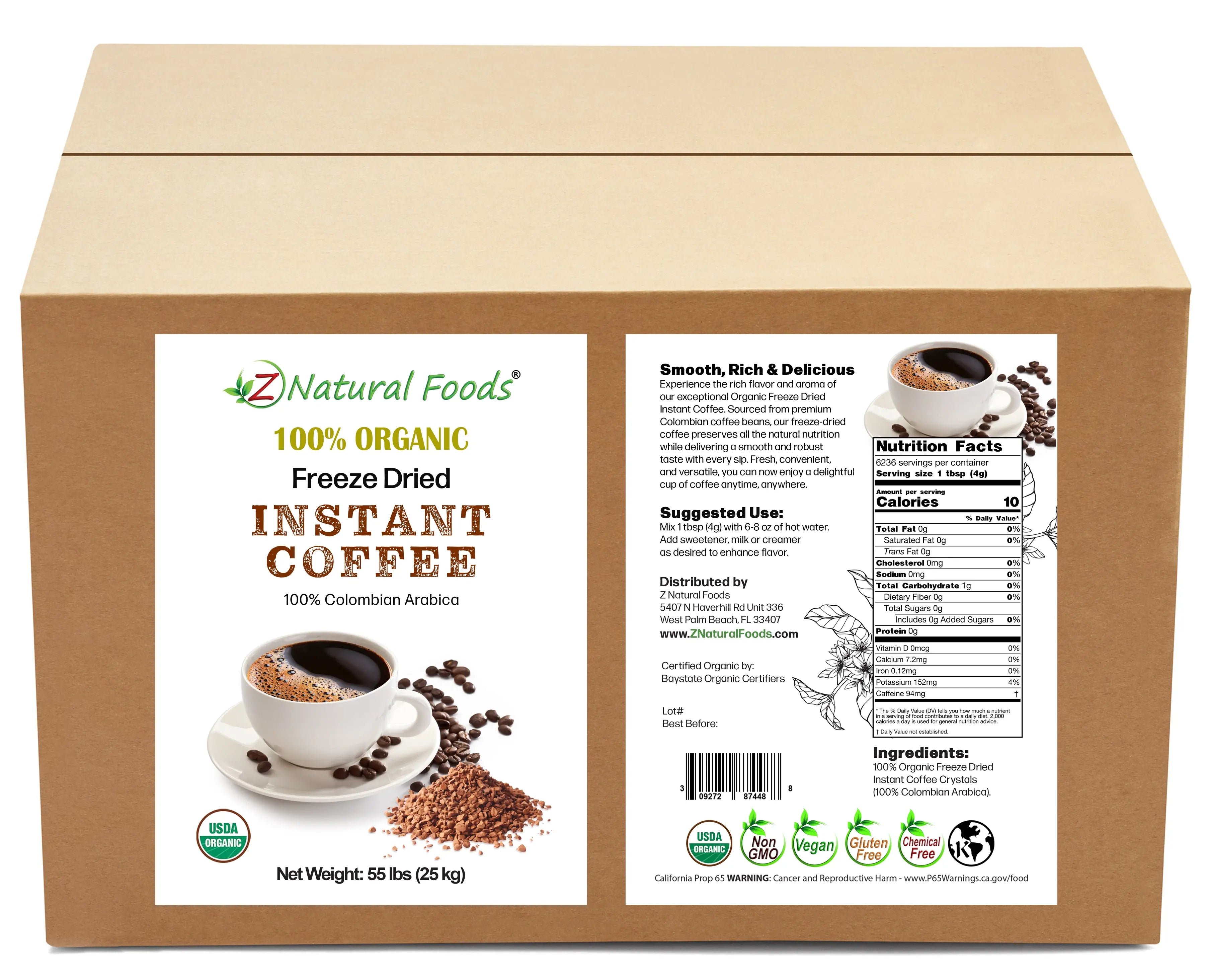 Organic Freeze Dried Instant Coffee Front and back label image for bulk