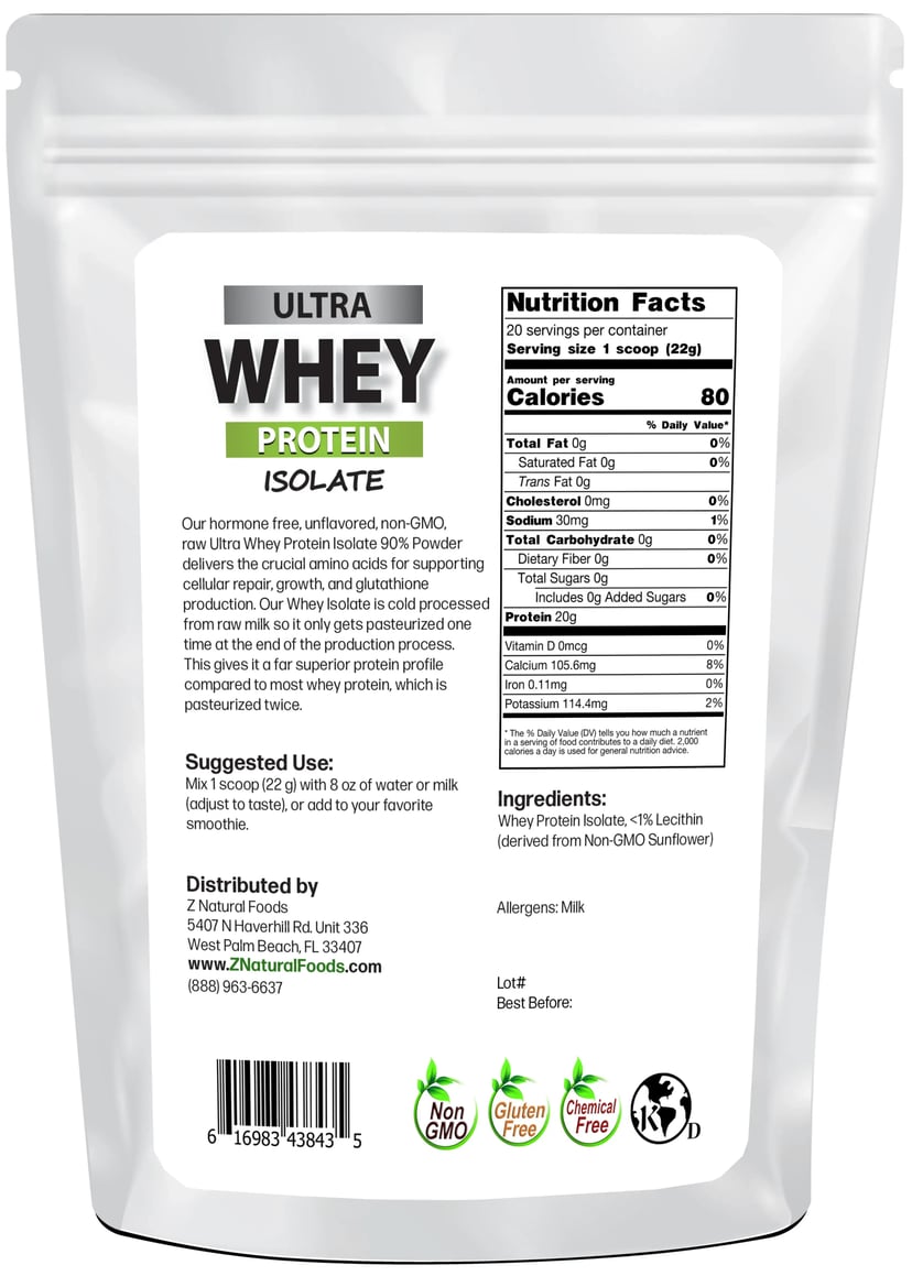 Back of the bag image of Ultra Whey Protein Isolate 1 lb