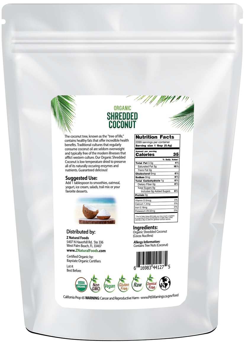 Back of the bag image of Coconut - Shredded, Raw Organic 25 lb