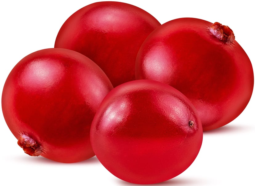 Image of four Cranberries on white background.
