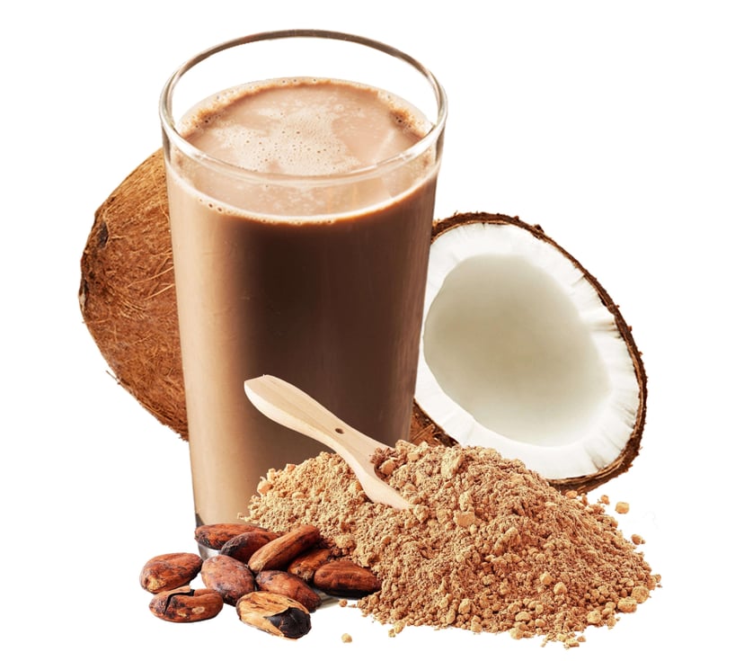 Image of a glass of Chocolate smoothie surrounded by halved coconut..