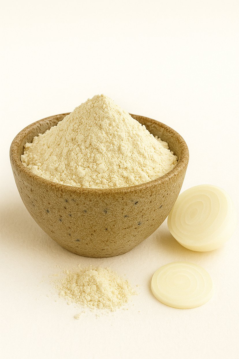 A bowl of organic onion powder with a small pile of powder in front and a fresh onion slice beside it on a white background.