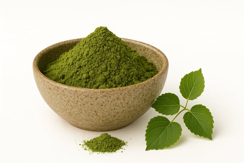 A bowl of organic mulberry leaf powder with a small pile of powder in front and a fresh mulberry leaf sprig beside it on a white background.