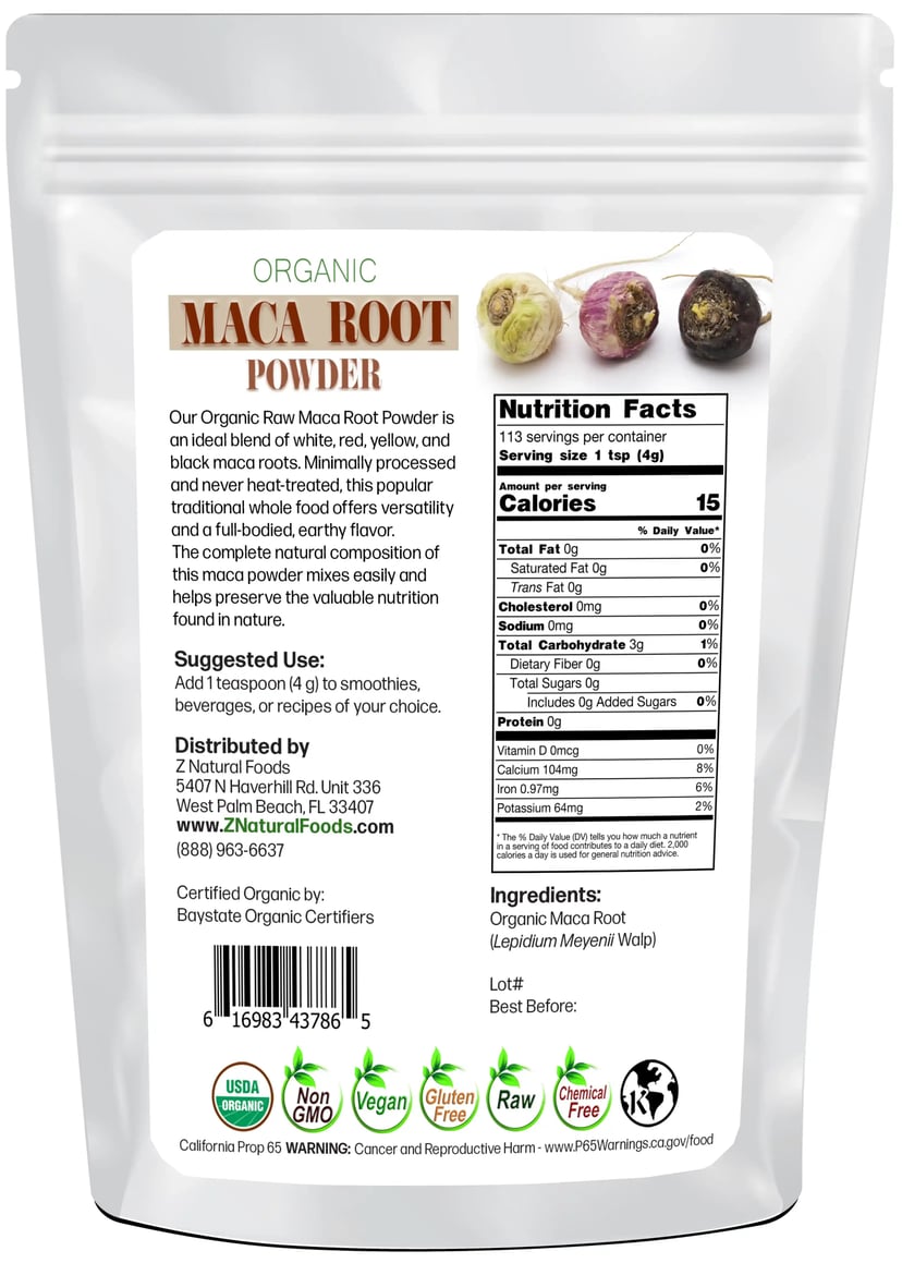 Maca Root Powder - Organic Raw back of the bag image 1 lb