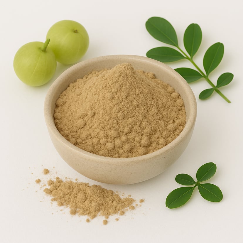 Image of Amla powder in a white bowl surrounded by leaves and fresh amla fruit