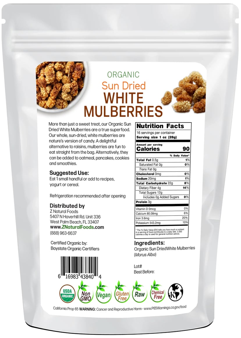 Back of the 1 lb bag image of Sun Dried White Mulberries - Organic