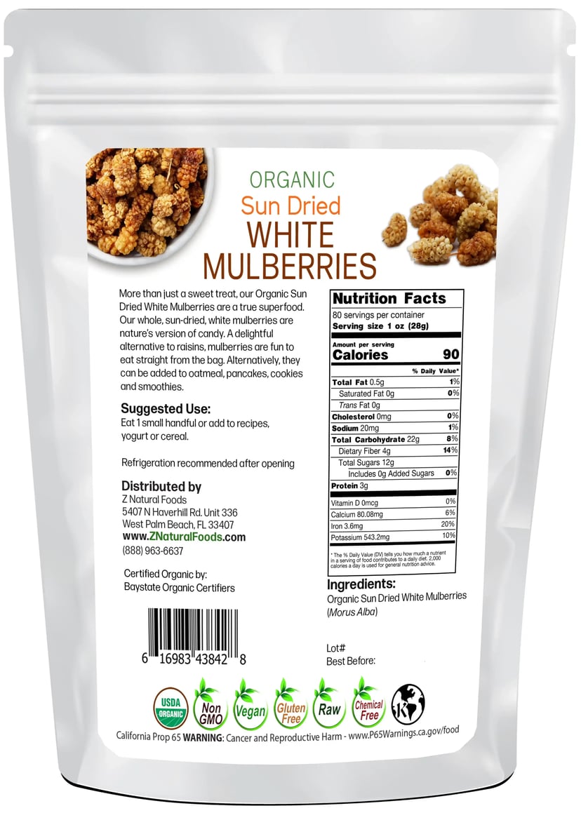 Back of the 5 lb bag image of Sun Dried White Mulberries - Organic
