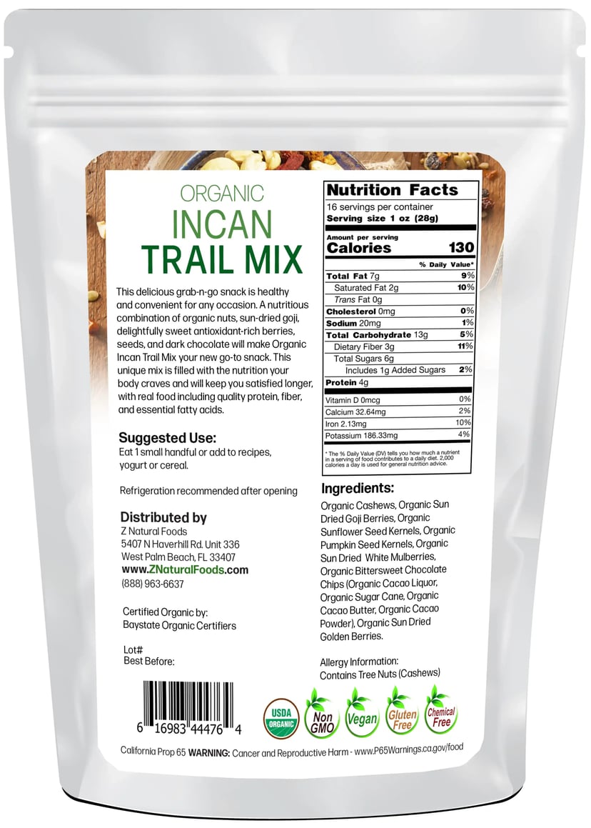 Back of the bag image of Incan Trail Mix - Organic 1 lb