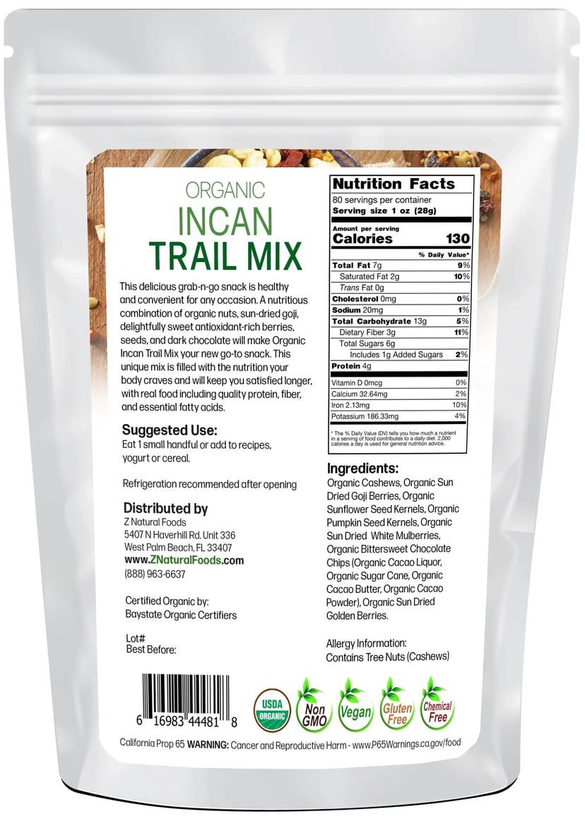 Back of the bag image of Incan Trail Mix - Organic 5 lb