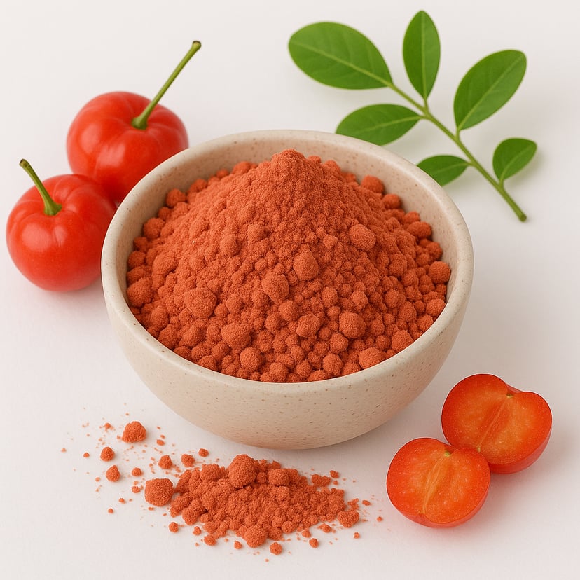 Image of Acerola cherry powder in a white bowl with fresh acerolas surrounding it
