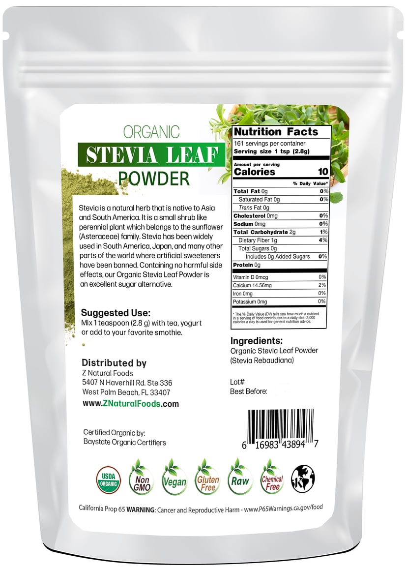 Stevia Leaf Powder - Organic back of the bag image 1 lb