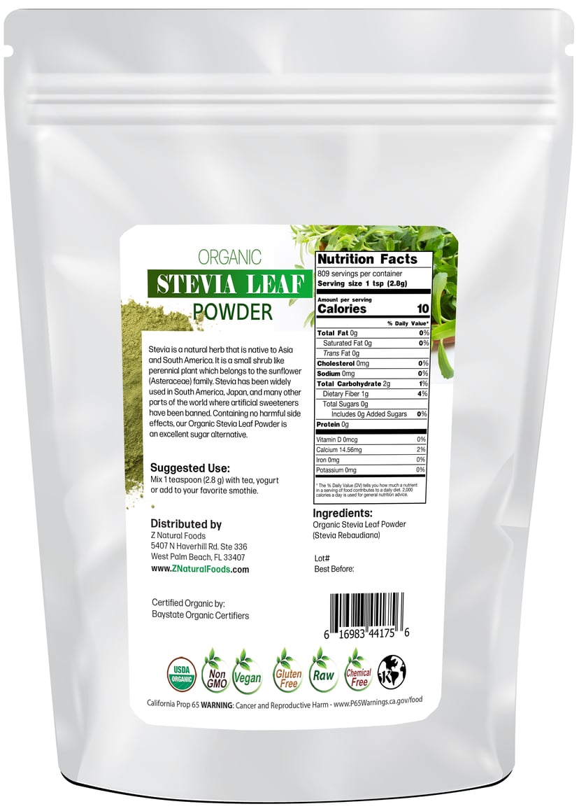 Stevia Leaf Powder - Organic back of the bag image 5 lb
