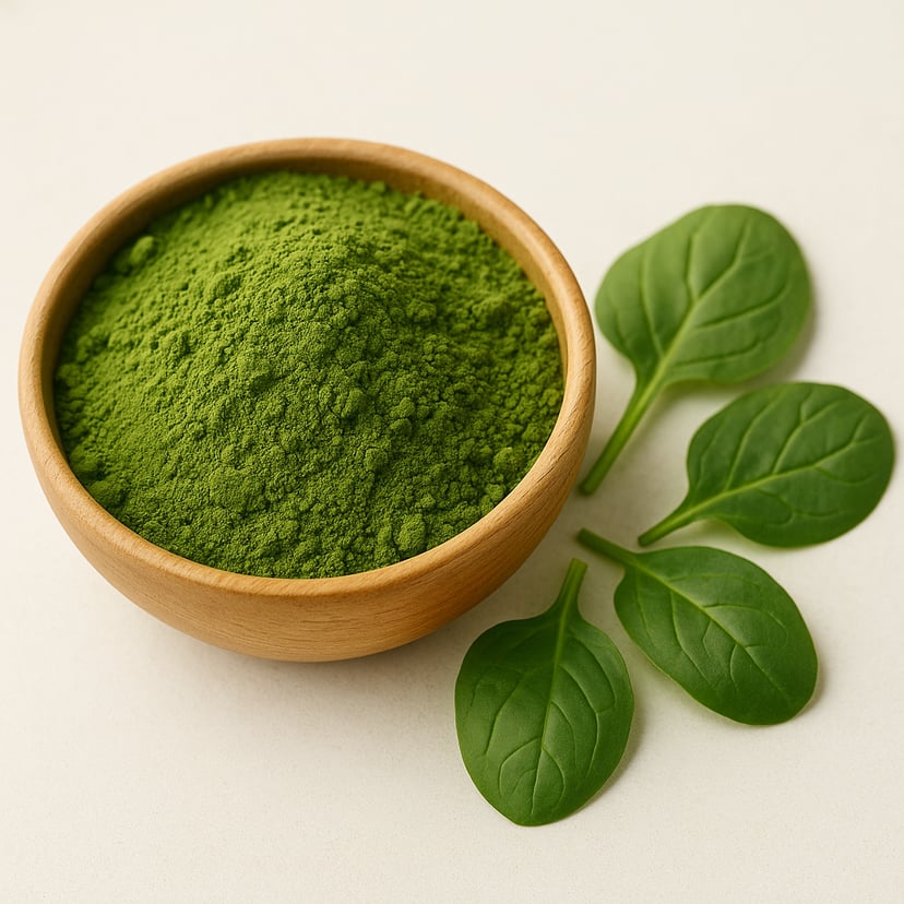 Green Powder in a bowl with spinach leaves next to it.
