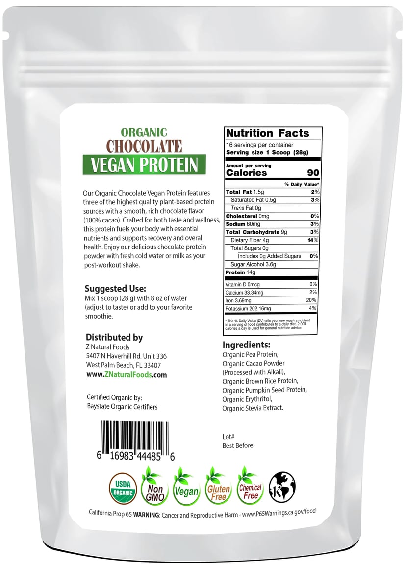 Chocolate Vegan Protein - Organic back of the bag image 1 lb