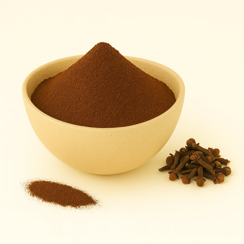 A small ceramic bowl filled with a mound of finely ground organic clove powder, rich brown in color on a white background
