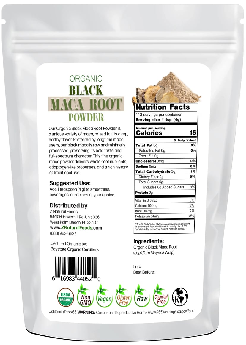 Photo of back of 1 lb bag of Maca Root Powder (Black) - Organic