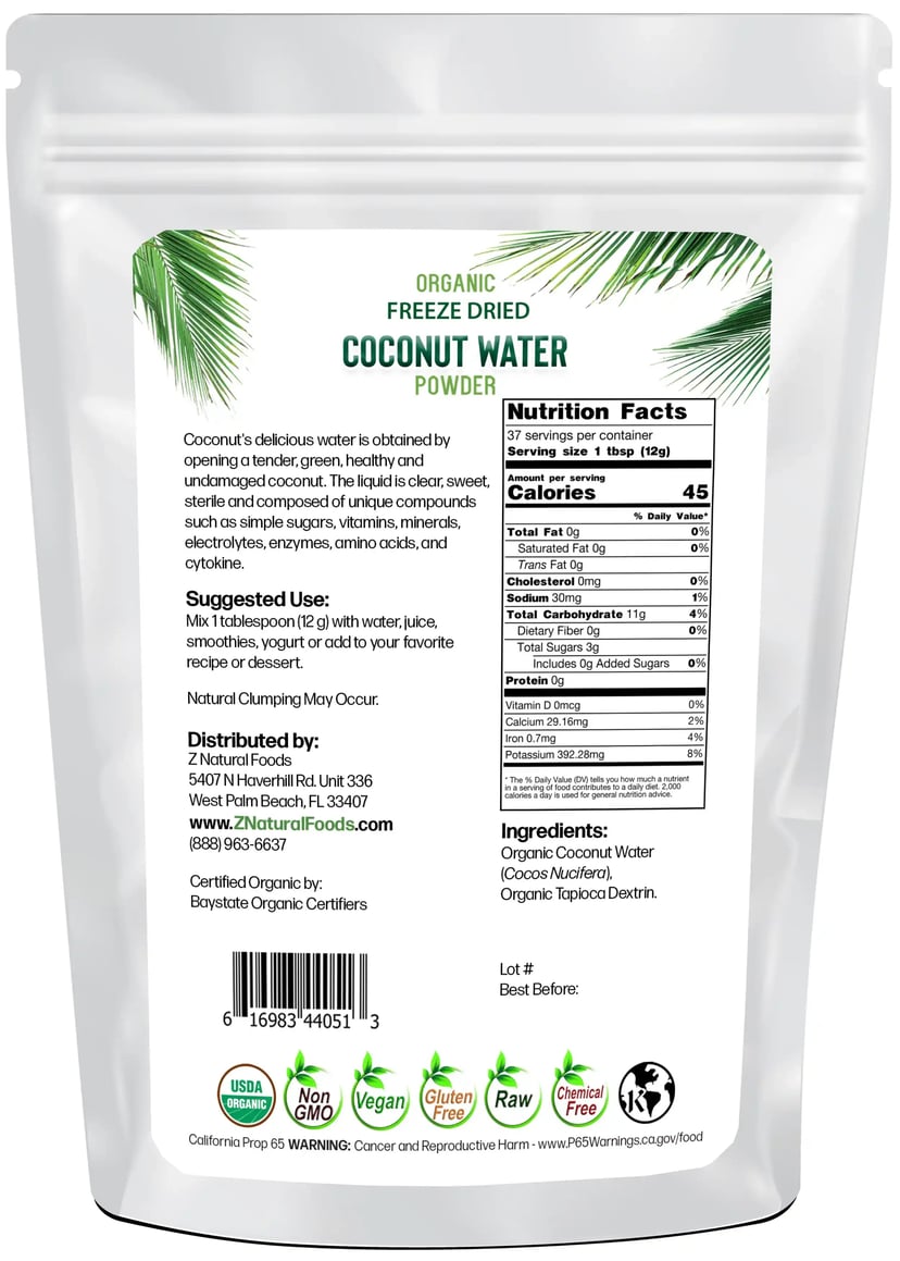 1 lb Coconut Water Powder - Organic Freeze Dried back of bag image