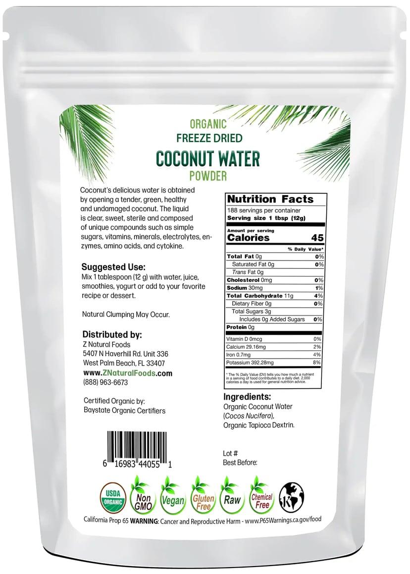 5 lb Coconut Water Powder - Organic Freeze Dried back of bag image