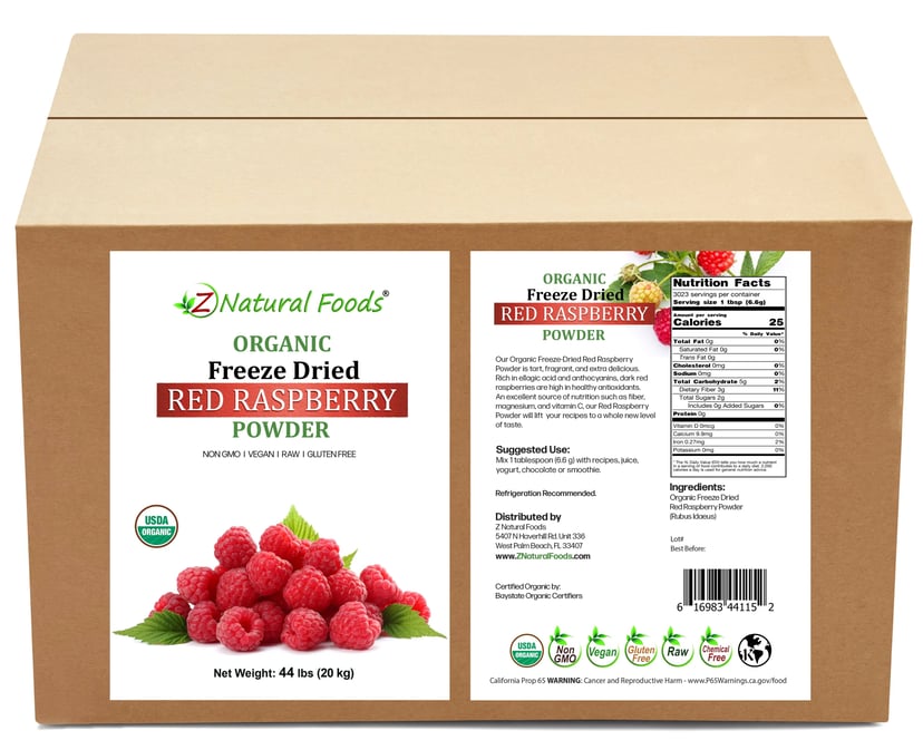 Front and Back label image of Red Raspberry Powder - Organic Freeze Dried in bulk