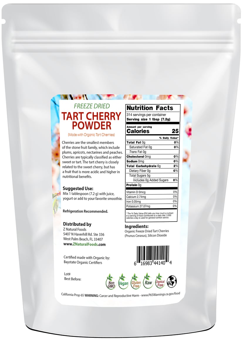 Photo of back of 5 lb bag of Tart Cherry Powder - Freeze Dried