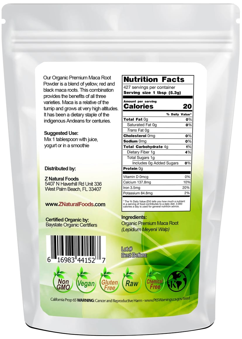Back of the bag image of Maca Root Premium Powder - Organic 5 lb
