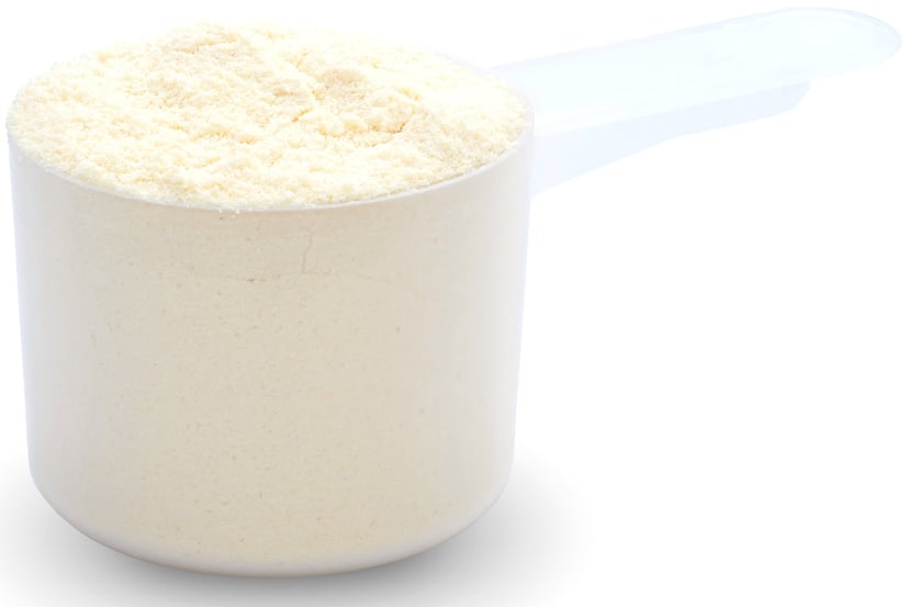 Close photo of plastic 60cc scoop full of Goat Whey Protein Concentrate - Grass-Fed Proteins & Collagens Z Natural Foods 5 lbs