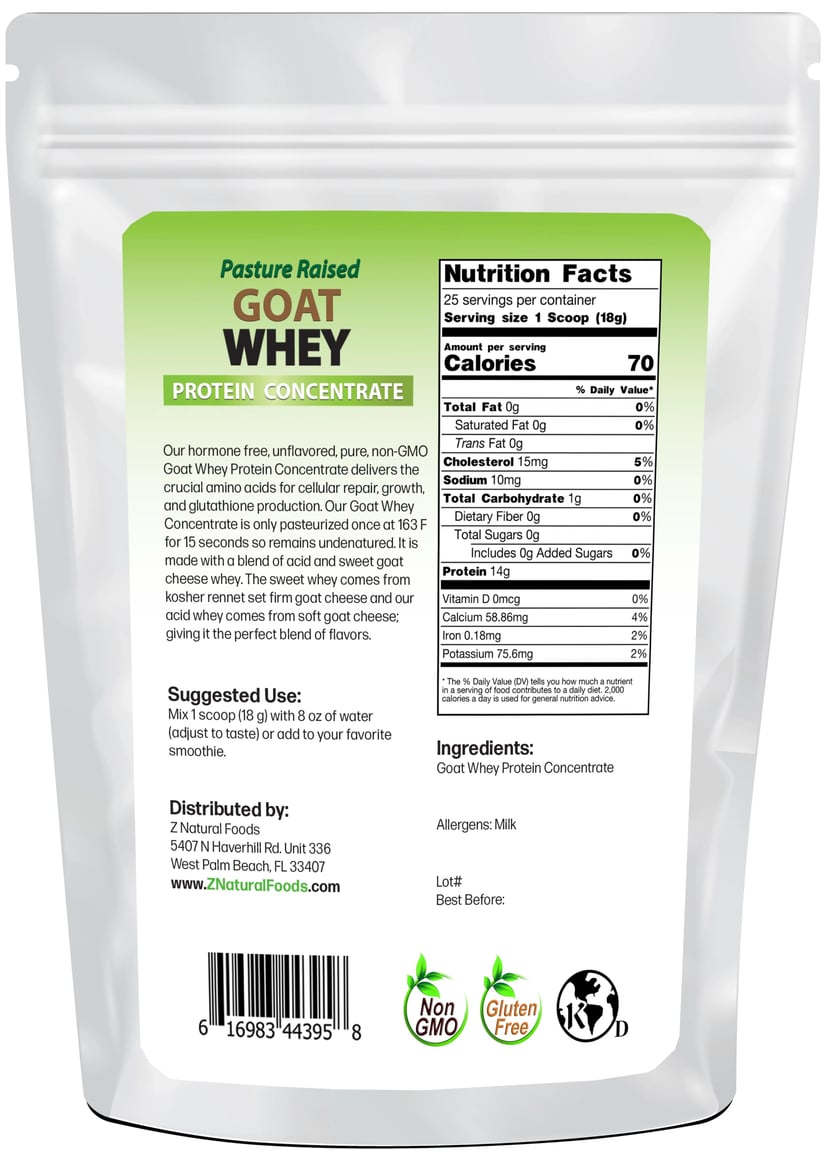 Photo of back of 1 lb bag of Goat Whey Protein Concentrate