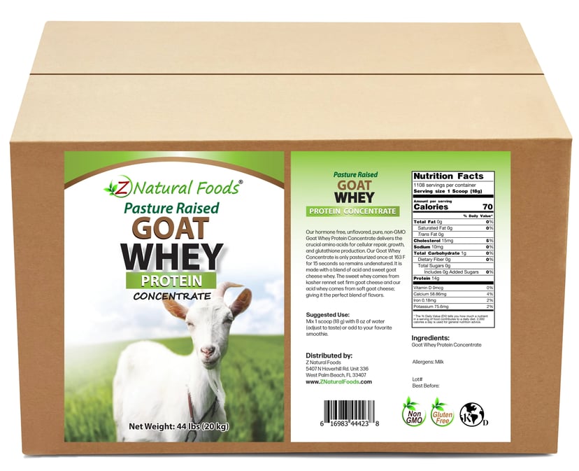 Photo of front and back label image of Goat Whey Protein Concentrate in bulk