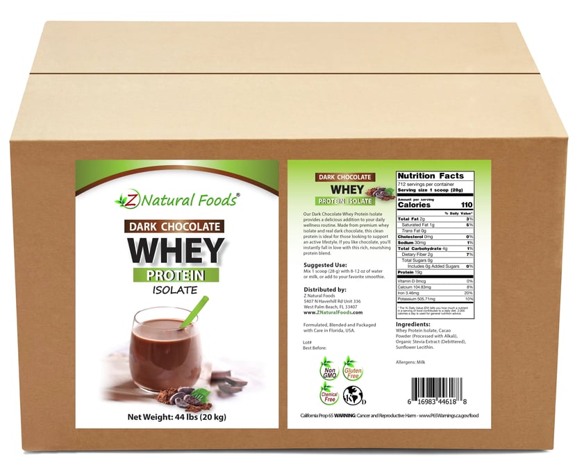 Front and back label image of Dark Chocolate Whey Isolate in bulk