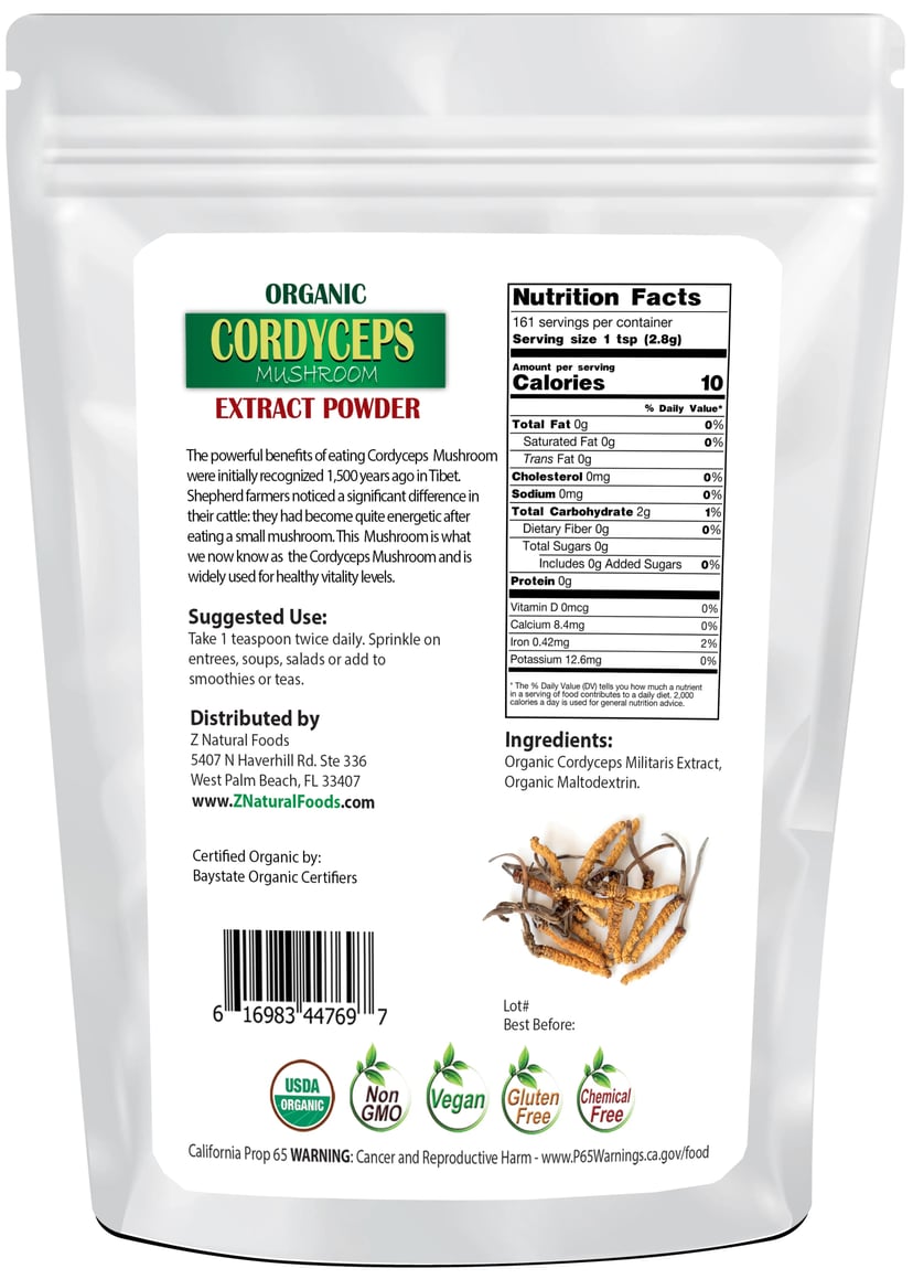 Back of the 1 lb bag image of Cordyceps Extract Powder Organic