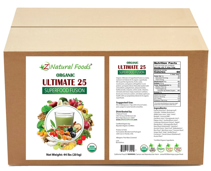 Photo of the front and back label of Ultimate 25 Superfood Fusion in Bulk