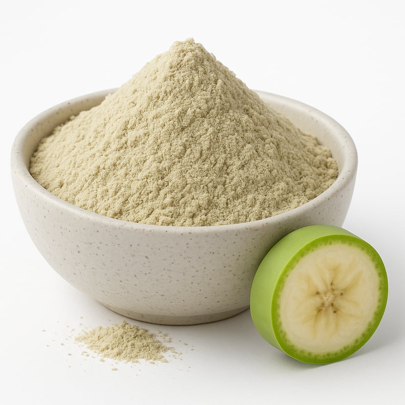 Organic green banana powder mounded in a neutral speckled bowl on a white background.