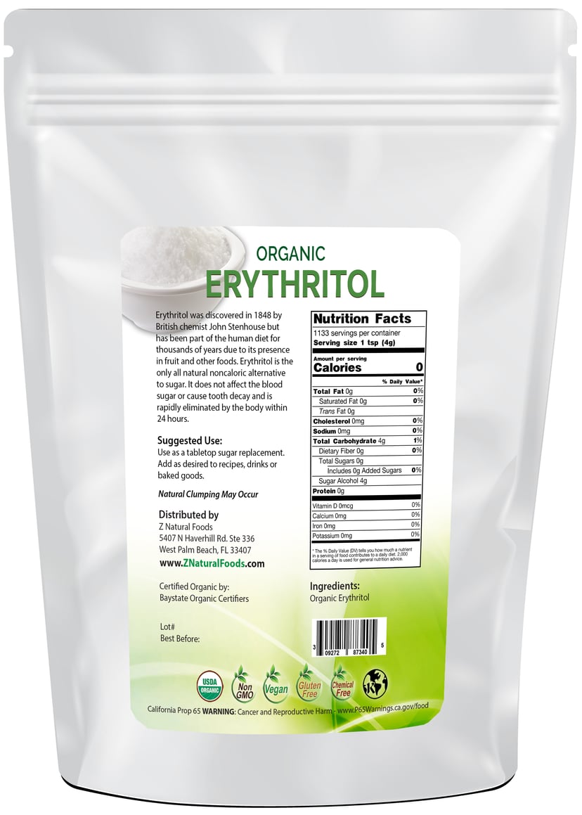 Photo of back of 10 lb bag of Erythritol - Organic