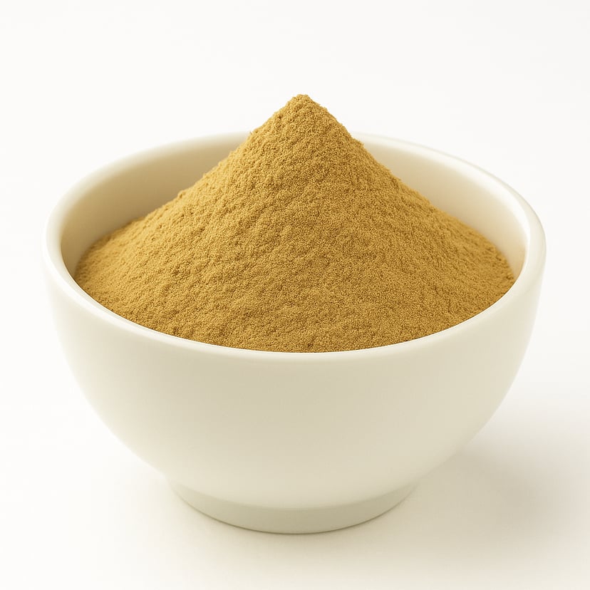 Tannish Orange color powder in a white bowl.