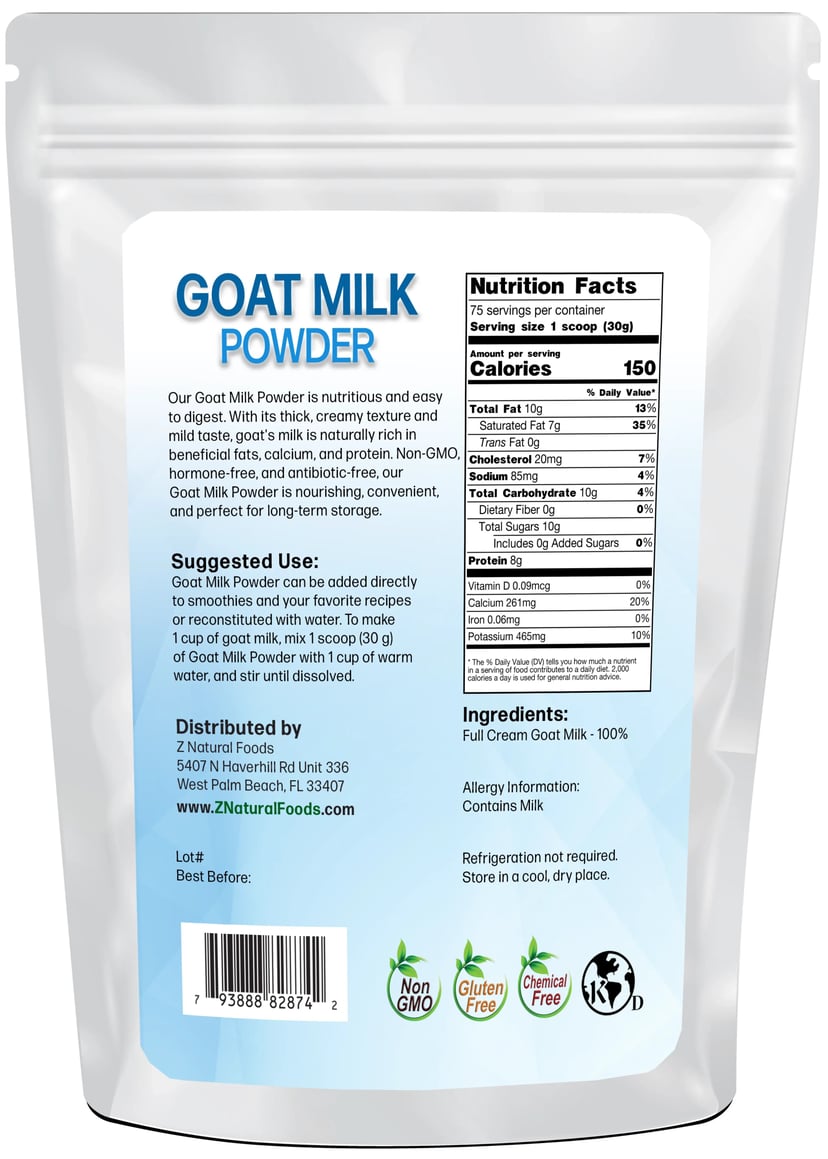 Photo of back of 5 lb bag of Goat Milk Powder