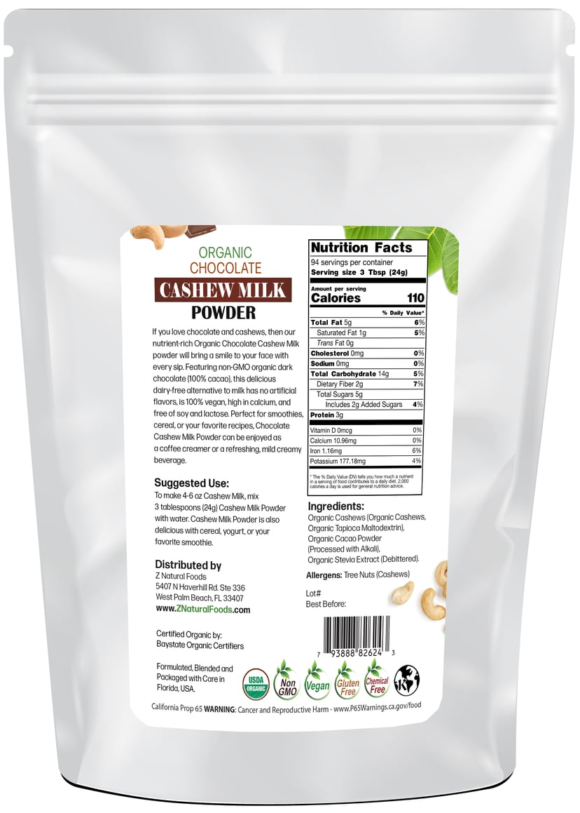 5 lb Chocolate Cashew Milk Powder - Organic back of the bag image