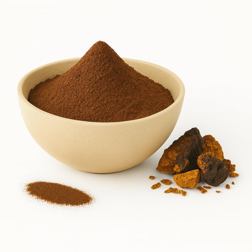 A bowl of brown chaga mushroom powder with chaga chunks beside it on a white background.