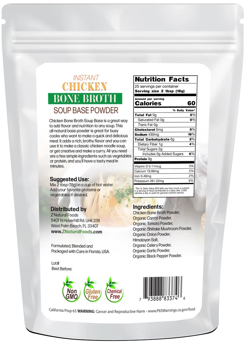 Instant Chicken Bone Broth Soup Base Powder back of the bag image 1 lb