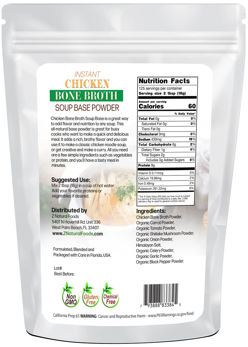 Instant Chicken Bone Broth Soup Base Powder back of the bag image 5 lb
