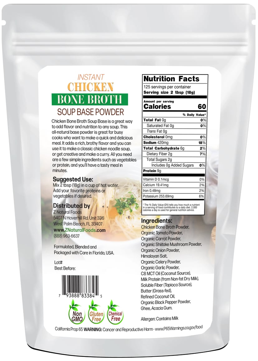 Instant Chicken Bone Broth Soup Base Powder back of the bag image 5 lb