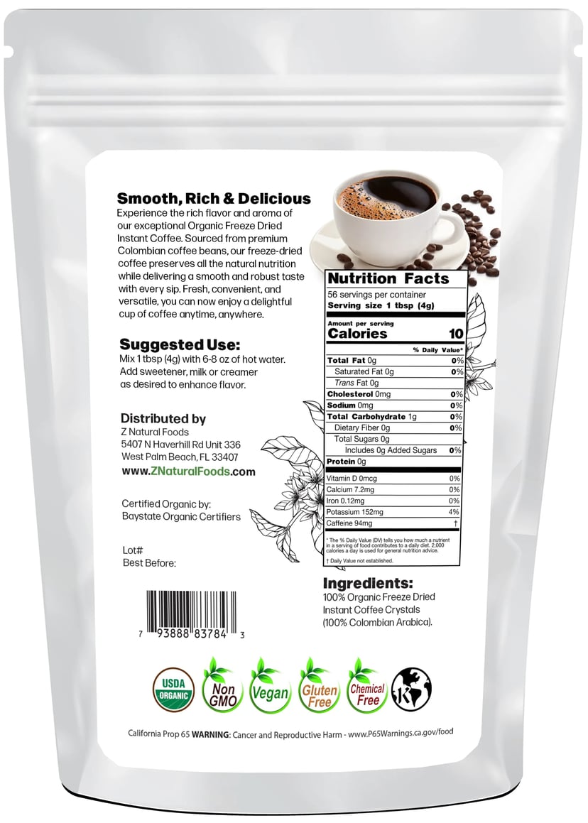 Organic Freeze Dried Instant Coffee back of the bag image for 8 oz