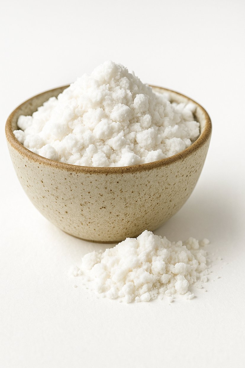 A bowl of organic MCT oil powder with a small pile of powder in front on a white background.