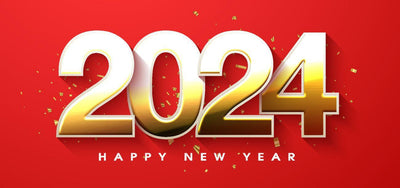 This is a picture of the year 2024 in gold letters on a red background with Happy New Year in gold underneath the year