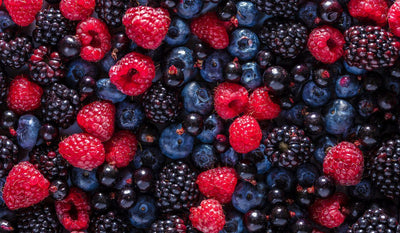 This is a picture of raspberries, blueberries and blackberries